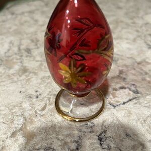 Vintage Small 3.5 x 2 Ruby Red Handblown Glass Decorative Egg with Gold Design